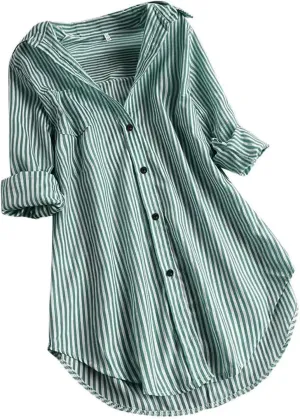 Womens Classic Striped Button Down Shirts Roll Up Long Sleeve Lapel Collar V Neck Blouse Oversized Curved Hem Work Tops