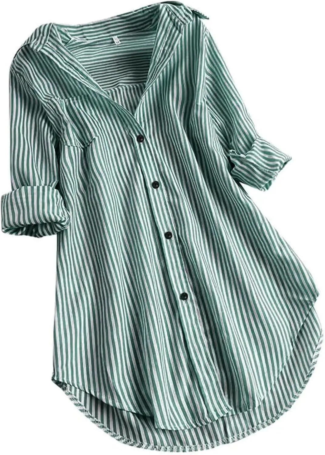 Womens Classic Striped Button Down Shirts Roll Up Long Sleeve Lapel Collar V Neck Blouse Oversized Curved Hem Work Tops