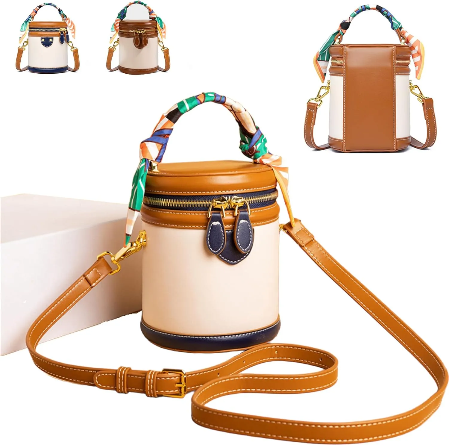 Women's color matching bucket bag, cylinder bag in summer, fashionable and versatile crossbody bags