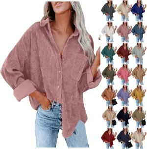 Womens Corduroy Button Down Shirts Casual Long Sleeve Boyfriend Jacket Fall Fashion Solid Color Tops with Pockets