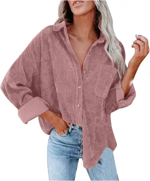 Womens Corduroy Button Down Shirts Casual Long Sleeve Boyfriend Jacket Fall Fashion Solid Color Tops with Pockets