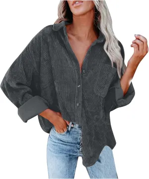 Womens Corduroy Button Down Shirts Casual Long Sleeve Boyfriend Jacket Fall Fashion Solid Color Tops with Pockets
