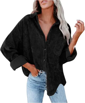 Womens Corduroy Button Down Shirts Casual Long Sleeve Boyfriend Jacket Fall Fashion Solid Color Tops with Pockets