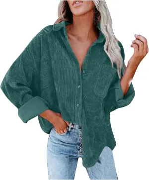 Womens Corduroy Button Down Shirts Casual Long Sleeve Boyfriend Jacket Fall Fashion Solid Color Tops with Pockets