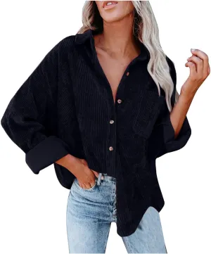 Womens Corduroy Button Down Shirts Casual Long Sleeve Boyfriend Jacket Fall Fashion Solid Color Tops with Pockets