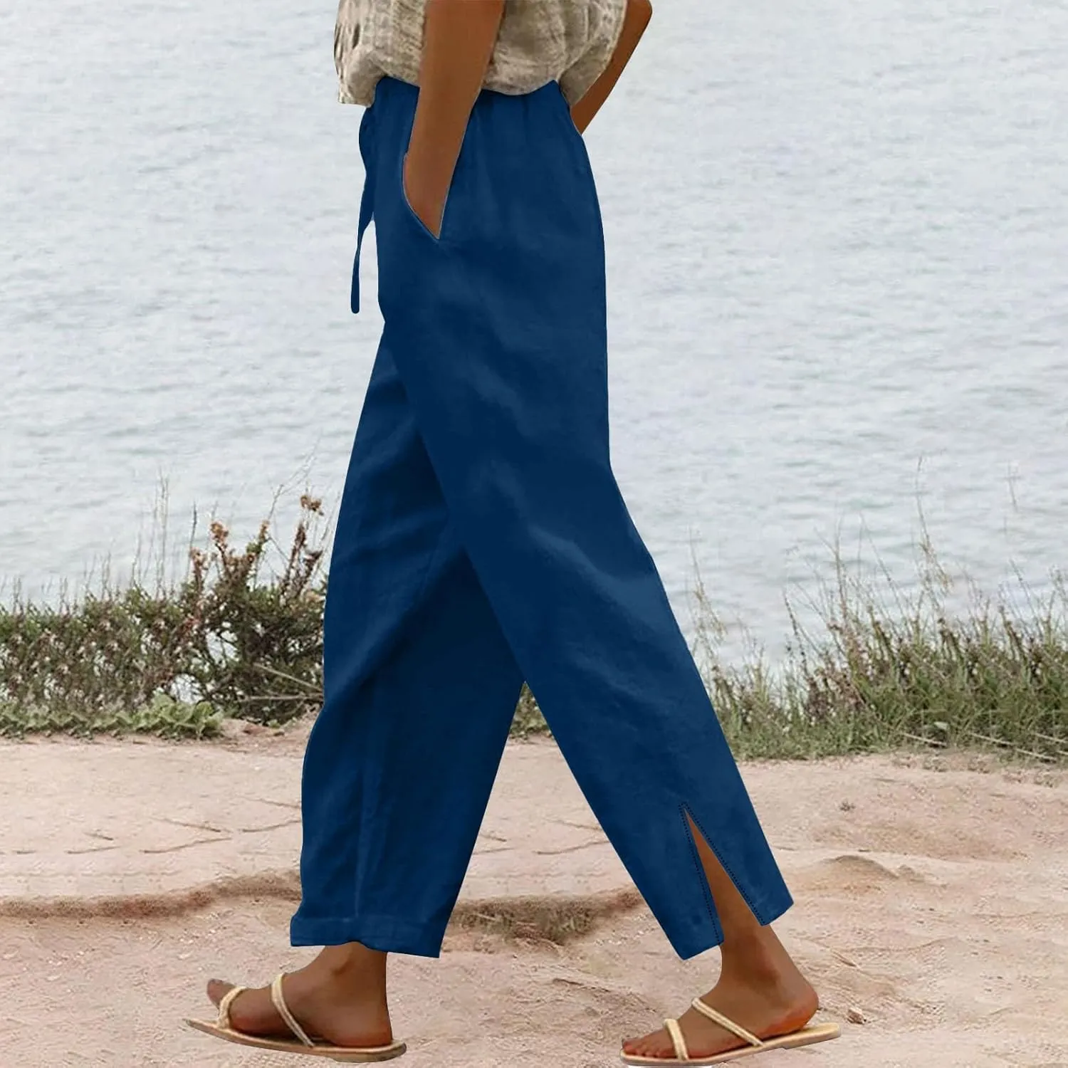 Womens Cotton Linen Casual Pants Loose Drawstring Elastic Waist Workout Athletic Palazzo Wide Leg Beach Trousers with Pockets