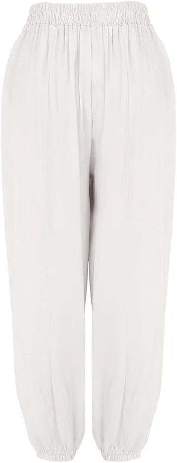Women's Cotton Linen Lantern Trousers Solid Low-Waisted Relax Fit Pant Elastic Drawstring Wide Leg Pants for Causal