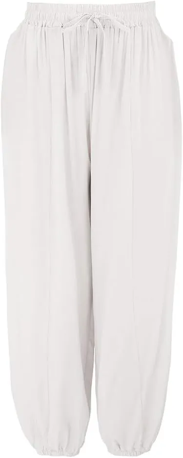 Women's Cotton Linen Lantern Trousers Solid Low-Waisted Relax Fit Pant Elastic Drawstring Wide Leg Pants for Causal