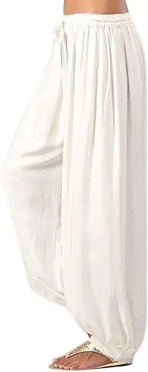 Women's Cotton Linen Lantern Trousers Solid Low-Waisted Relax Fit Pant Elastic Drawstring Wide Leg Pants for Causal