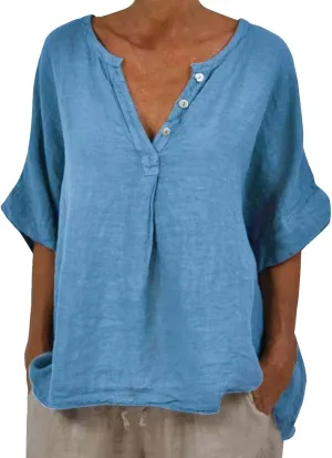 Women's Cotton Linen Shirts 3/4 Sleeve Button V Neck Flowy Tops Casual Loose Fit Solid Breathable Comfy Work Blouses