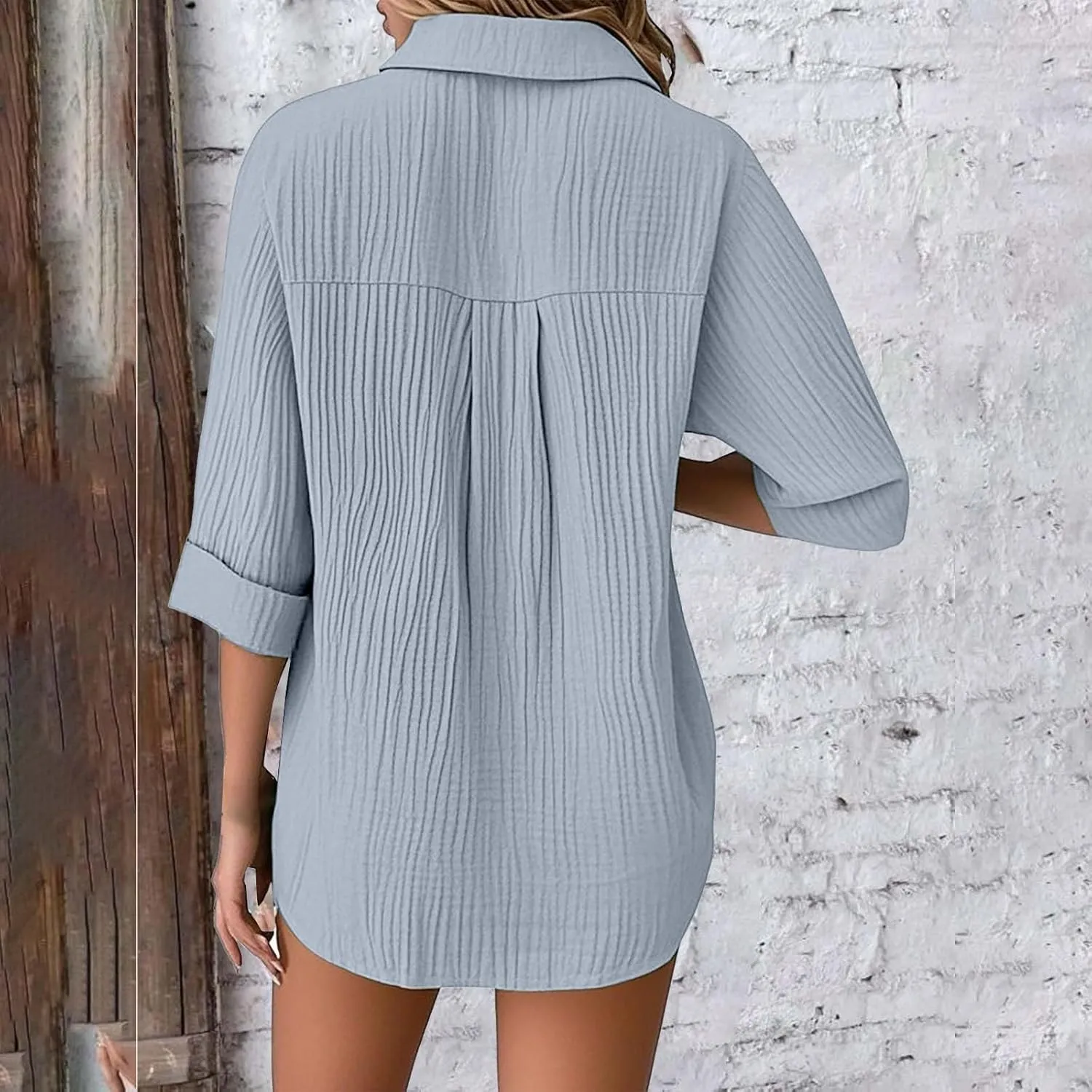 Womens Cotton Linen Shirts Solid 3/4 Sleeve Tunic Tops V Neck Roll up Button Down Blouses 2025 Summer Casual Tops