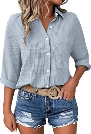Womens Cotton Linen Shirts Solid 3/4 Sleeve Tunic Tops V Neck Roll up Button Down Blouses 2025 Summer Casual Tops