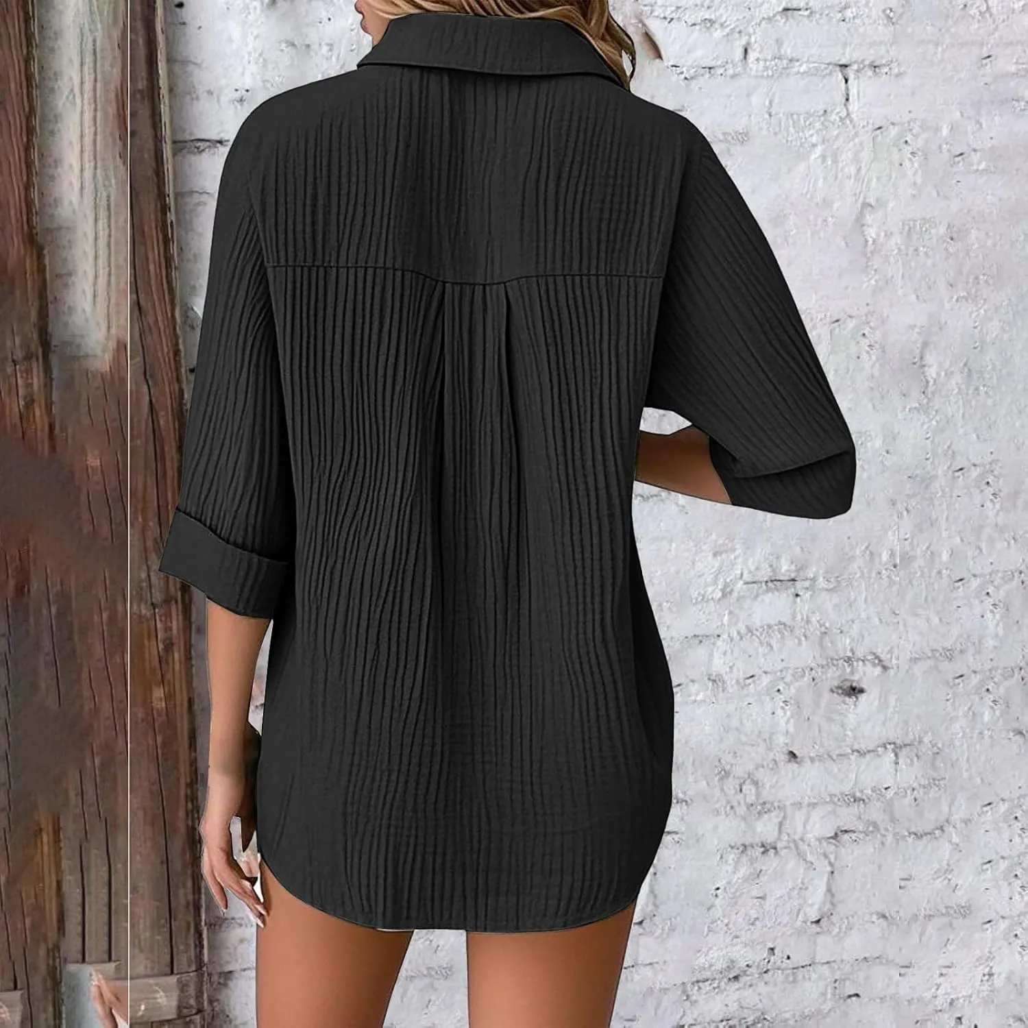 Womens Cotton Linen Shirts Solid 3/4 Sleeve Tunic Tops V Neck Roll up Button Down Blouses 2025 Summer Casual Tops