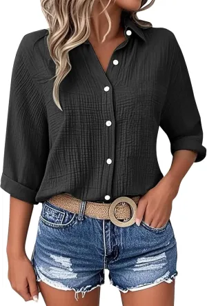 Womens Cotton Linen Shirts Solid 3/4 Sleeve Tunic Tops V Neck Roll up Button Down Blouses 2025 Summer Casual Tops