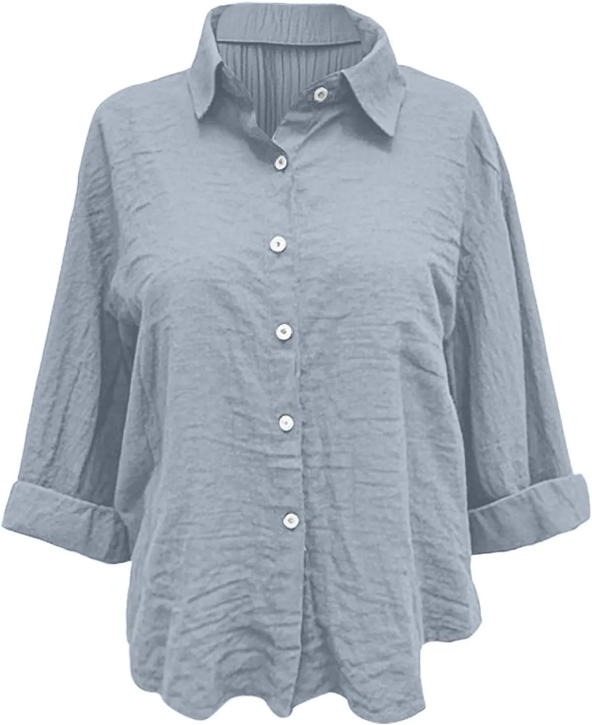 Womens Cotton Linen Shirts Solid 3/4 Sleeve Tunic Tops V Neck Roll up Button Down Blouses 2025 Summer Casual Tops
