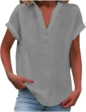 Womens Cotton Linen Shirts Summer Trendy Short Sleeve V-Neck Blouses Tops Button Down Gauze Tees Casual Clothes 2025