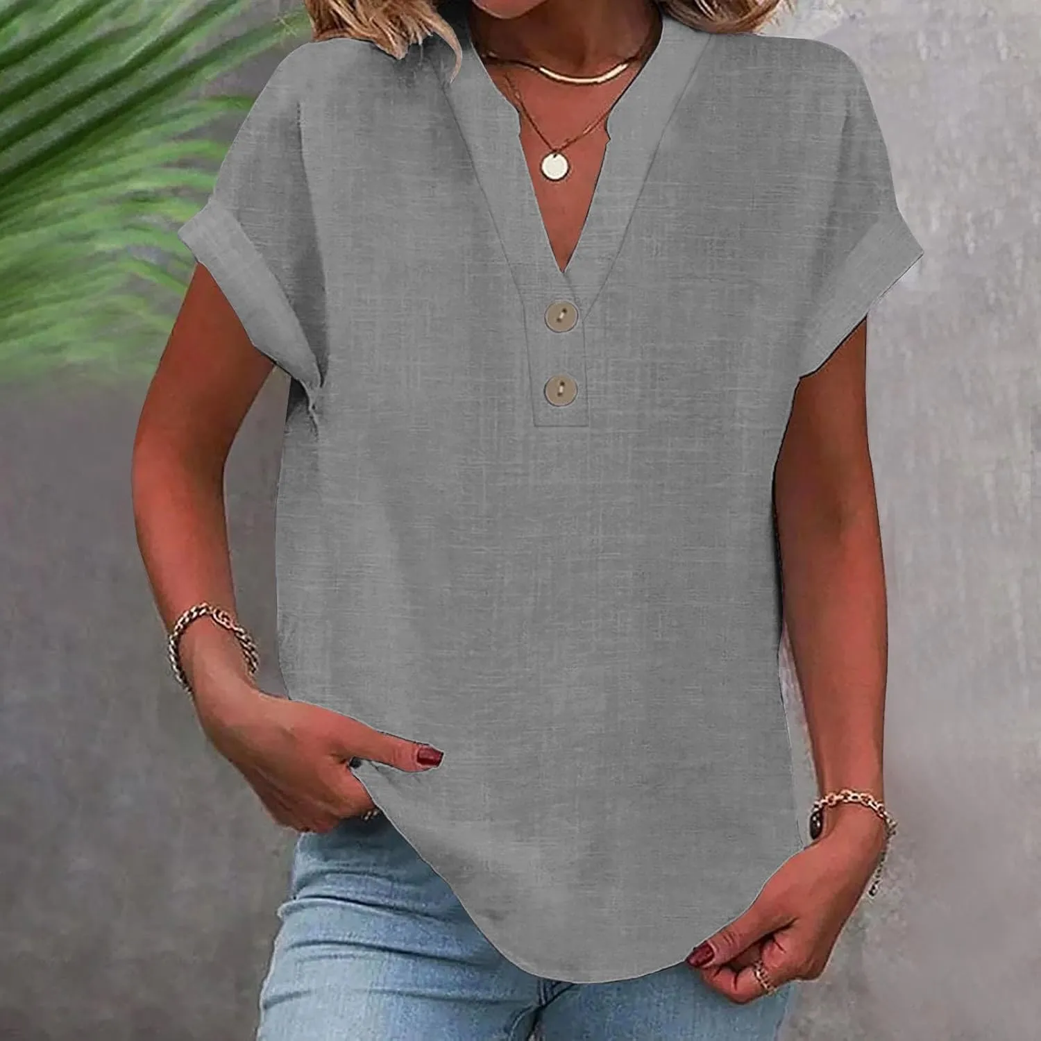 Womens Cotton Linen Shirts Summer Trendy Short Sleeve V-Neck Blouses Tops Button Down Gauze Tees Casual Clothes 2025