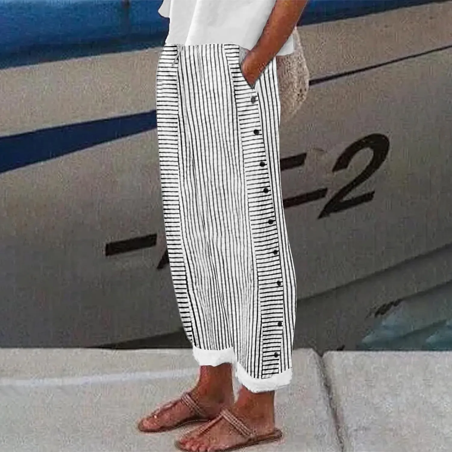 Women's Cotton Linen Straight Trousers Loose Fit High-Waist Pants with Side Buttons for Vacation