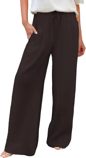 Women's Cotton Linen Wide Leg Pants Travel Work Palazzo Trousers with Pockets Drawstring Straight Beach Comfy Casual Pants Black