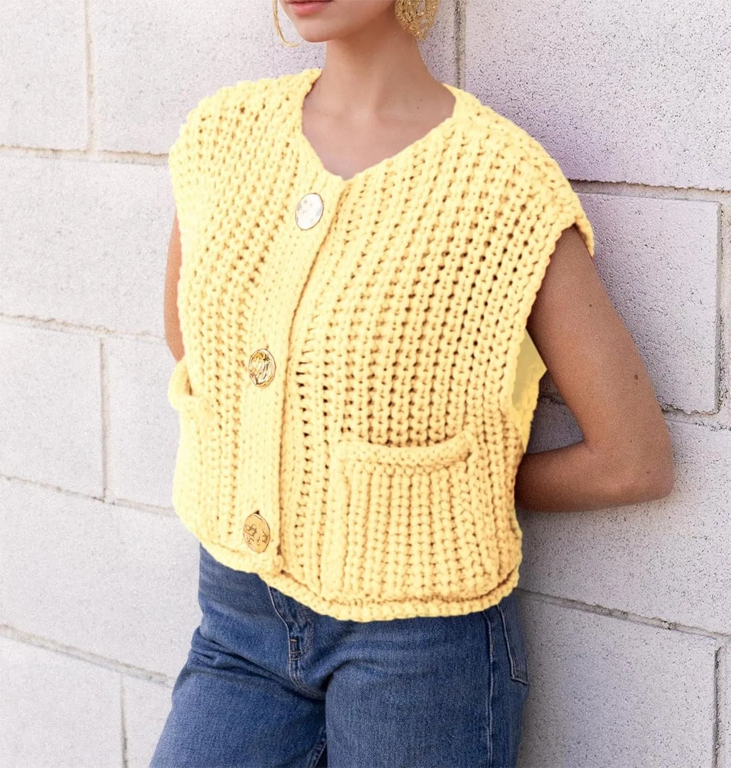 Womens Crochet Chunky Knit Sweater Vest Sleeveless Button Down Casual Cropped Knit Sweater Tops