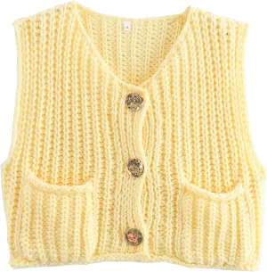 Womens Crochet Chunky Knit Sweater Vest Sleeveless Button Down Casual Cropped Knit Sweater Tops