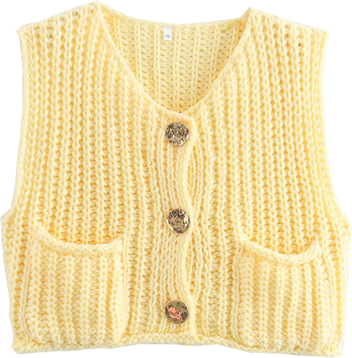 Womens Crochet Chunky Knit Sweater Vest Sleeveless Button Down Casual Cropped Knit Sweater Tops