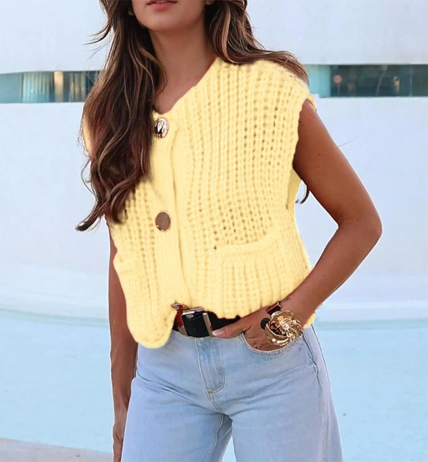 Womens Crochet Chunky Knit Sweater Vest Sleeveless Button Down Casual Cropped Knit Sweater Tops