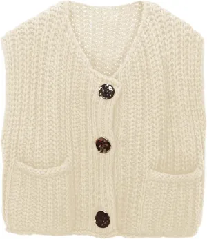 Womens Crochet Chunky Knit Tank Top Sleeveless Button Down Trendy Casual Crop Tops Cardigan Sweater Vest with Pockets