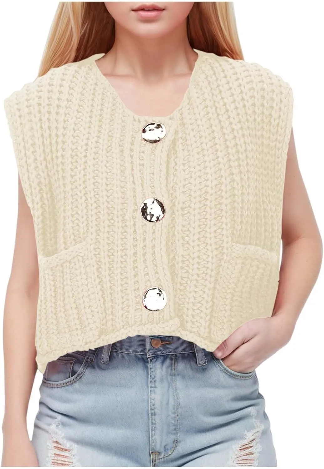 Womens Crochet Chunky Knit Tank Top Sleeveless Button Down Trendy Casual Crop Tops Cardigan Sweater Vest with Pockets