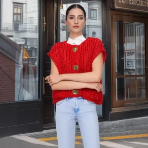 Womens Crop Sweater Vest Crochet Chunky Knit Button Down Sleeveless Cardigan with Pockets