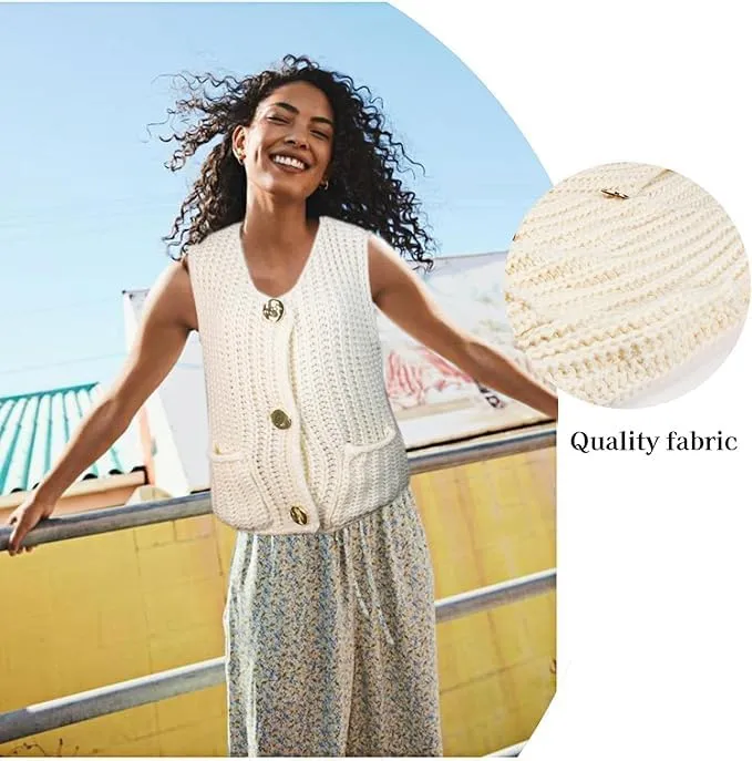 Womens Crop Sweater Vest Crochet Chunky Knit Button Down Sleeveless Cardigan with Pockets