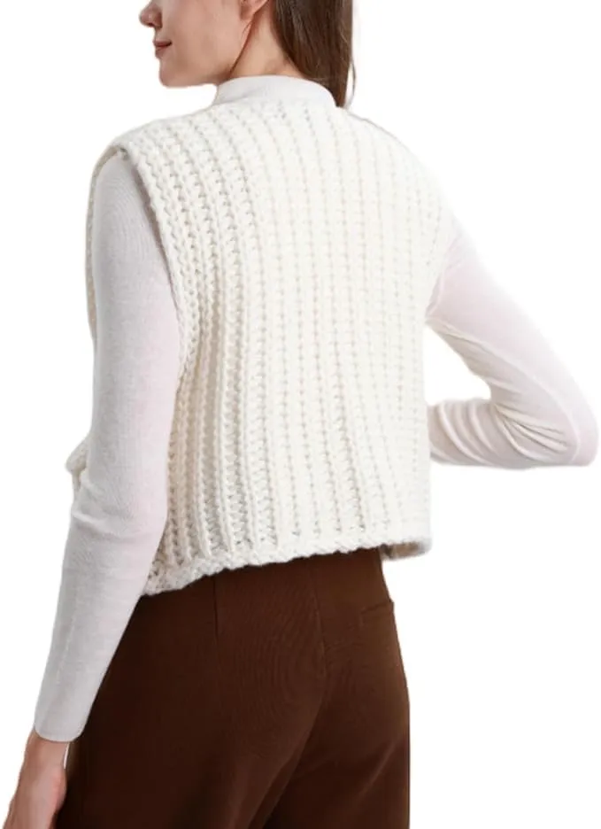 Womens Crop Sweater Vest Crochet Chunky Knit Button Down Sleeveless Cardigan with Pockets