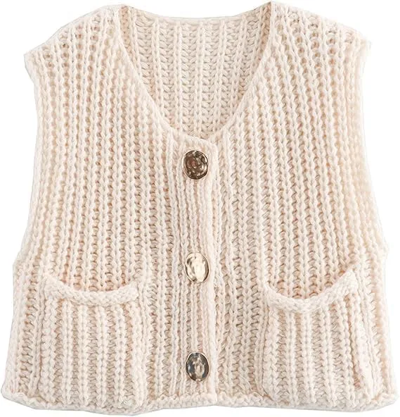 Womens Crop Sweater Vest Crochet Chunky Knit Button Down Sleeveless Cardigan with Pockets