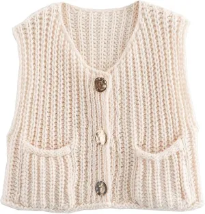 Womens Crop Sweater Vest Crochet Chunky Knit Button Down Sleeveless Cardigan with Pockets