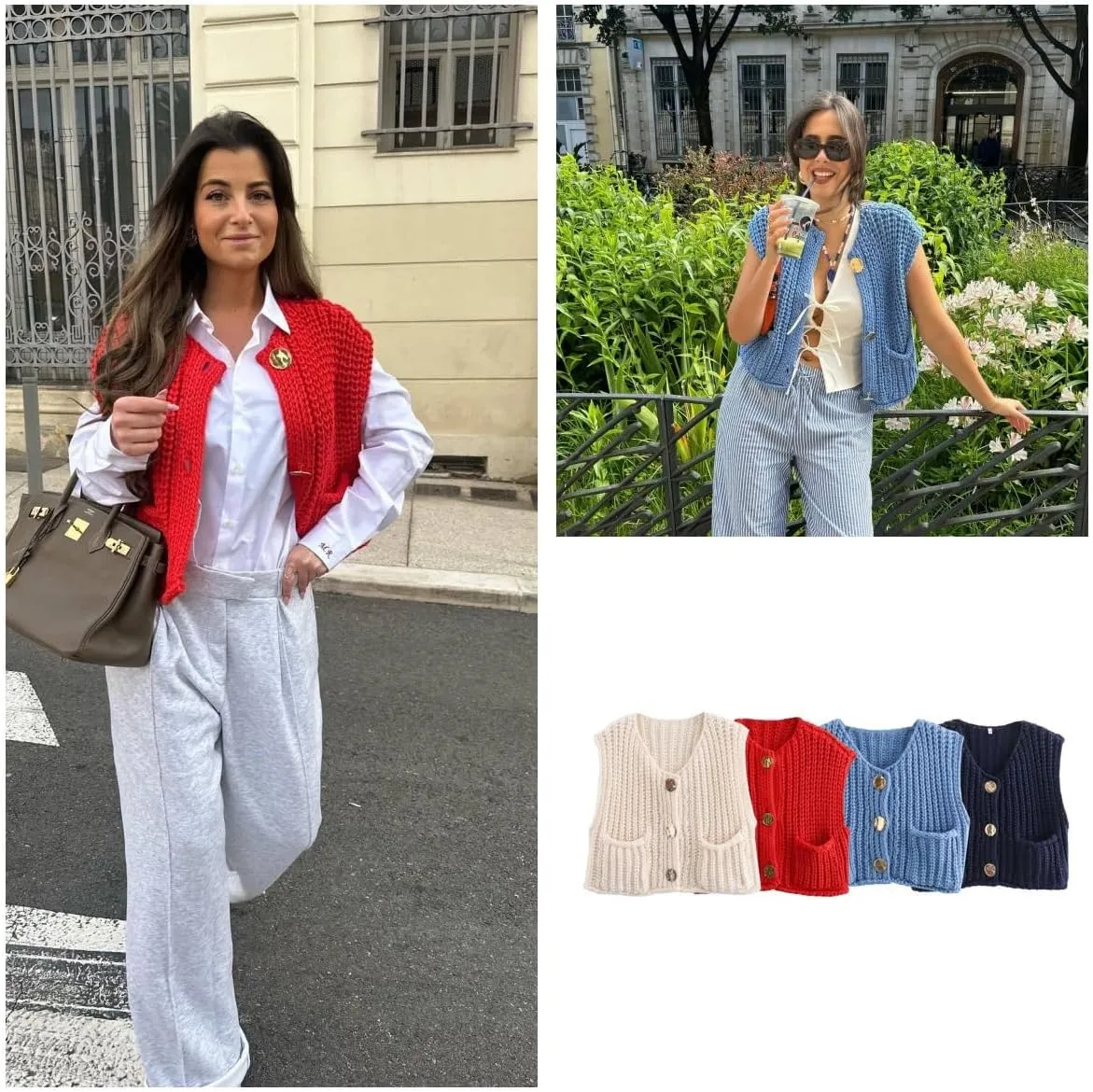 Womens Crop Sweater Vest Crochet Chunky Knit Button Down Sleeveless Cardigan with Pockets