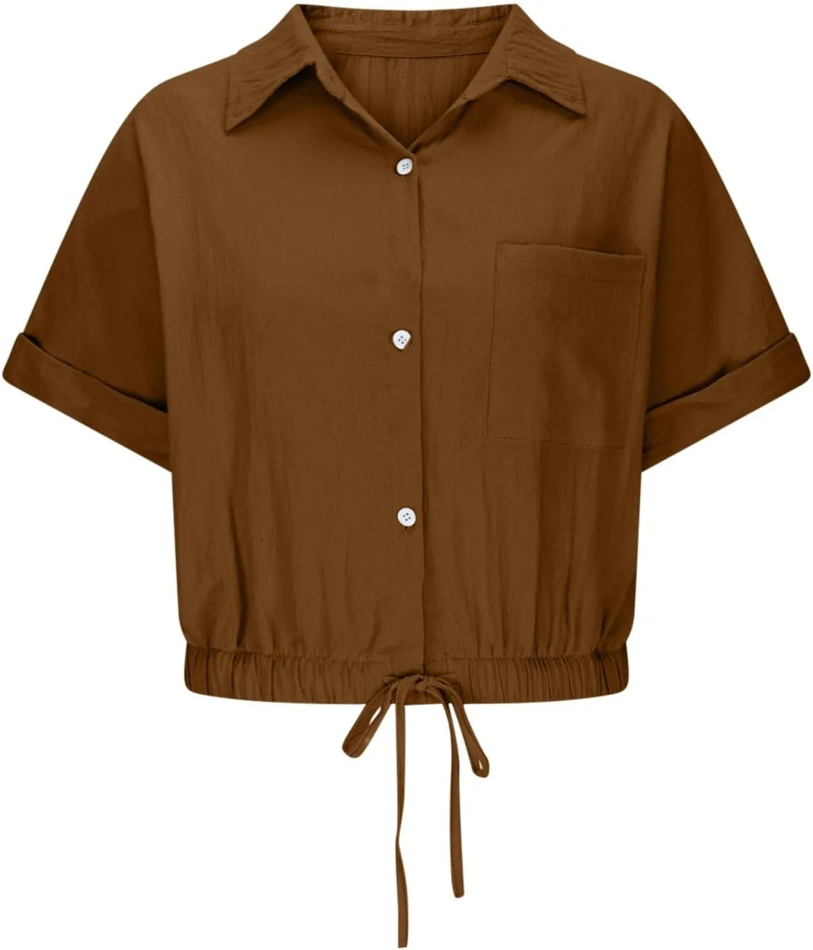 Womens Cropped Button Down Shirt Drawstring Waist Blouse Short Sleeve Casual Loose Fit Tops Summer Crop Shirts
