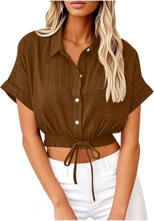 Womens Cropped Button Down Shirt Drawstring Waist Blouse Short Sleeve Casual Loose Fit Tops Summer Crop Shirts
