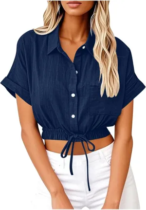 Womens Cropped Button Down Shirt Drawstring Waist Blouse Short Sleeve Casual Loose Fit Tops Summer Crop Shirts