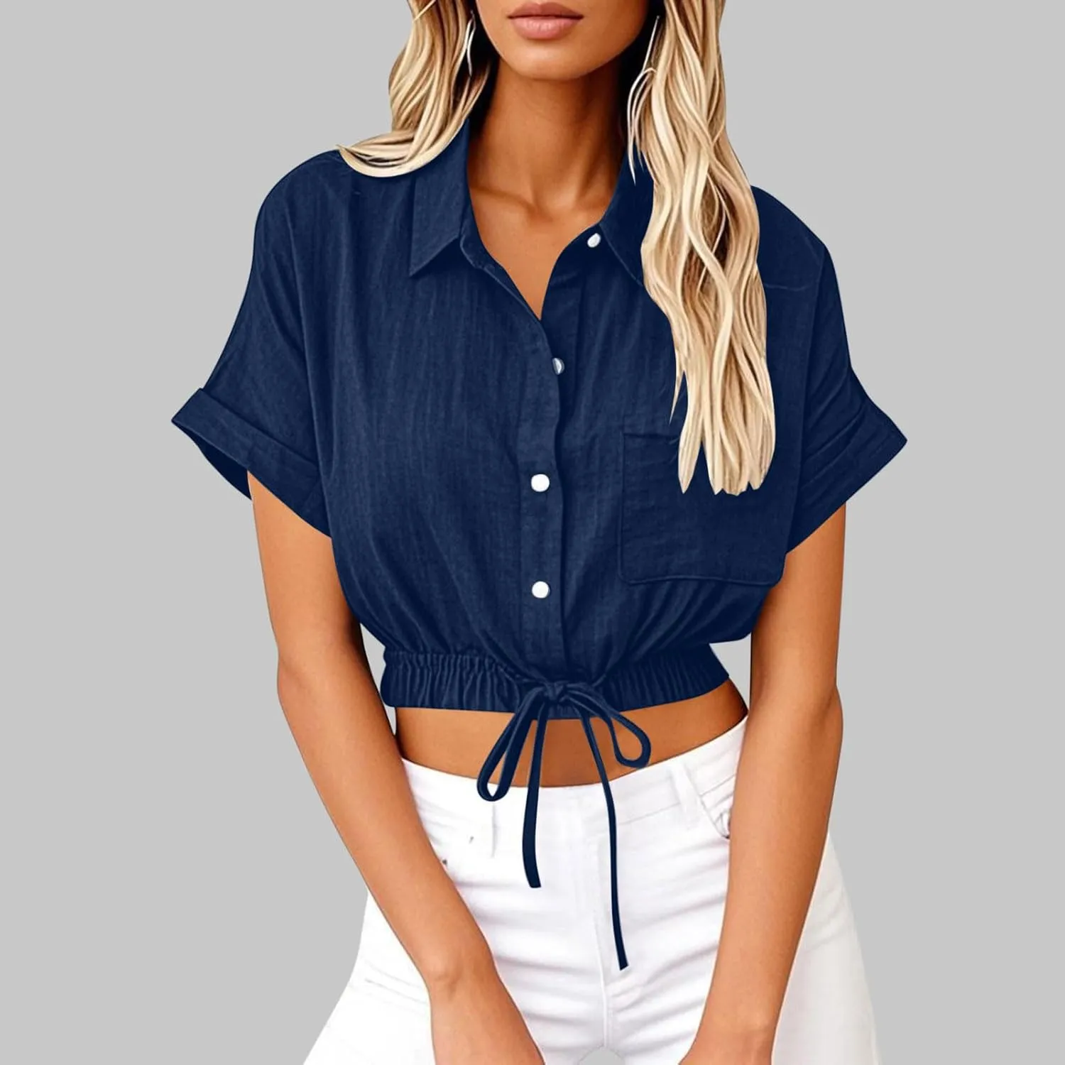 Womens Cropped Button Down Shirt Drawstring Waist Blouse Short Sleeve Casual Loose Fit Tops Summer Crop Shirts