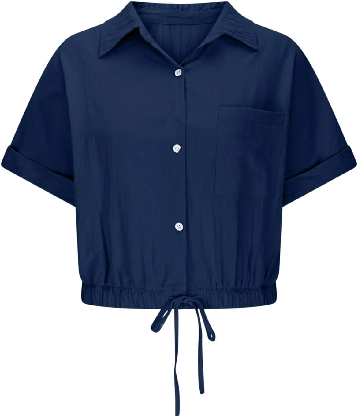 Womens Cropped Button Down Shirt Drawstring Waist Blouse Short Sleeve Casual Loose Fit Tops Summer Crop Shirts