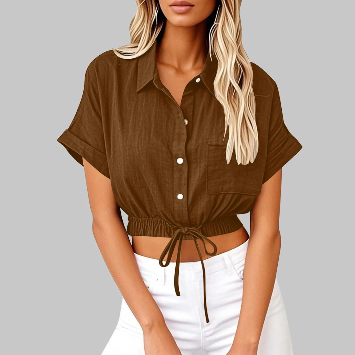 Womens Cropped Button Down Shirt Drawstring Waist Blouse Short Sleeve Casual Loose Fit Tops Summer Crop Shirts