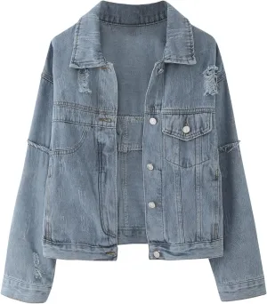Womens Cropped Denim Jackets 2024 Trendy Button Up Shacket Fall Spring Long Sleeve Jean Coats Retro Petite Denim Coat