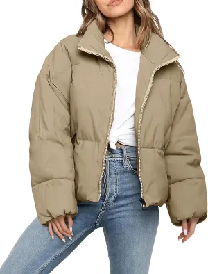 Womens Cropped Puffer Jacket Long Sleeve Winter Puffy Coat Short Warm Casual Quilted Jackets