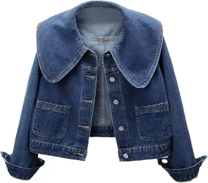 Women's Denim Jacket 3/4 Sleeve Button Down Crop Jean Jackets Casual Coats Tops with Pockets