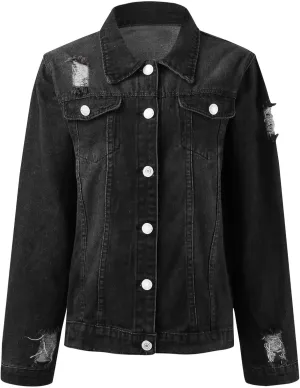 Womens Denim Jackets 2024 Trendy Button Up Shacket Fall Spring Long Sleeve Jean Coats with Pockets Fashion Denim Coat