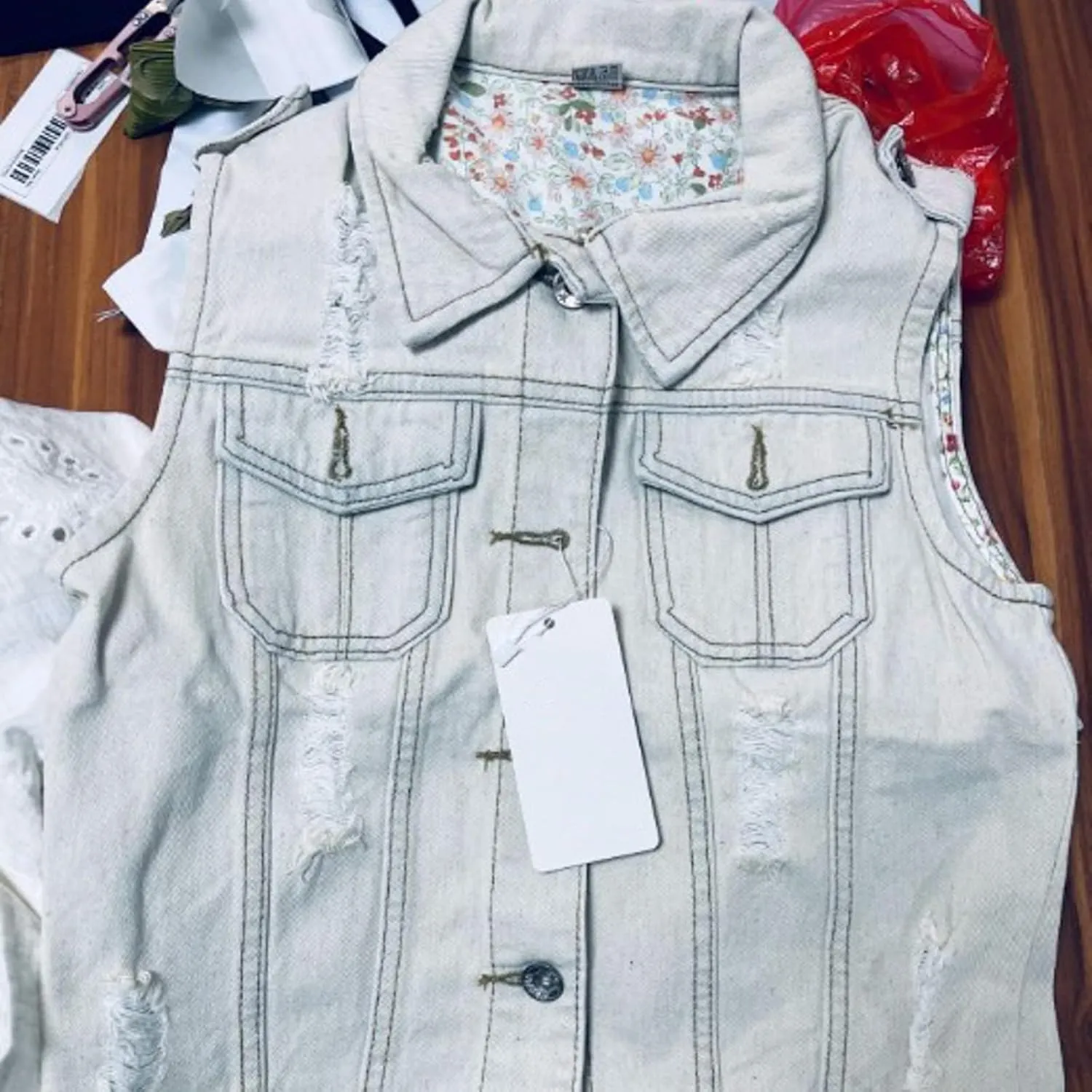 Womens Denim Vest jean vest top Button Up denim jacket Distressed Cropped jacket Sleeveless Jean Jacket