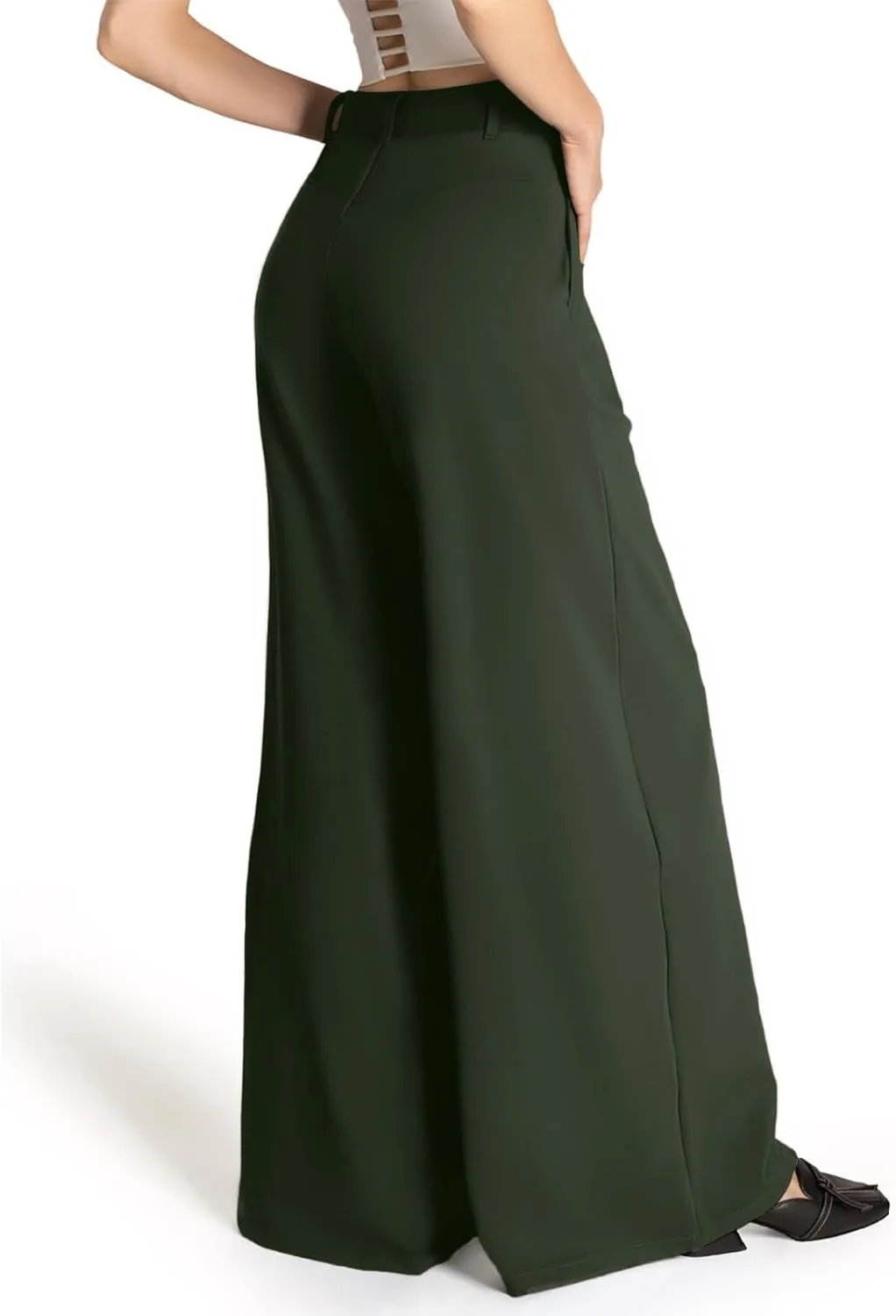 Womens Dress Pants Elastic Waist Business Casual Wide Leg Pants Flowy Stretchy Pull On Work Trousers with Pockets