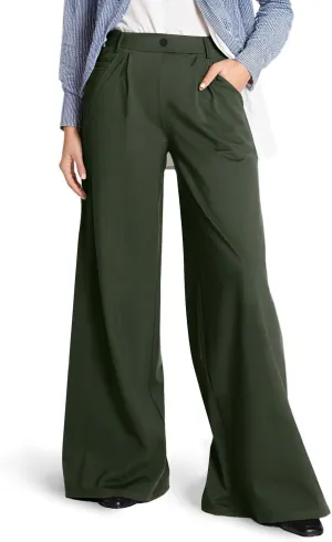 Womens Dress Pants Elastic Waist Business Casual Wide Leg Pants Flowy Stretchy Pull On Work Trousers with Pockets