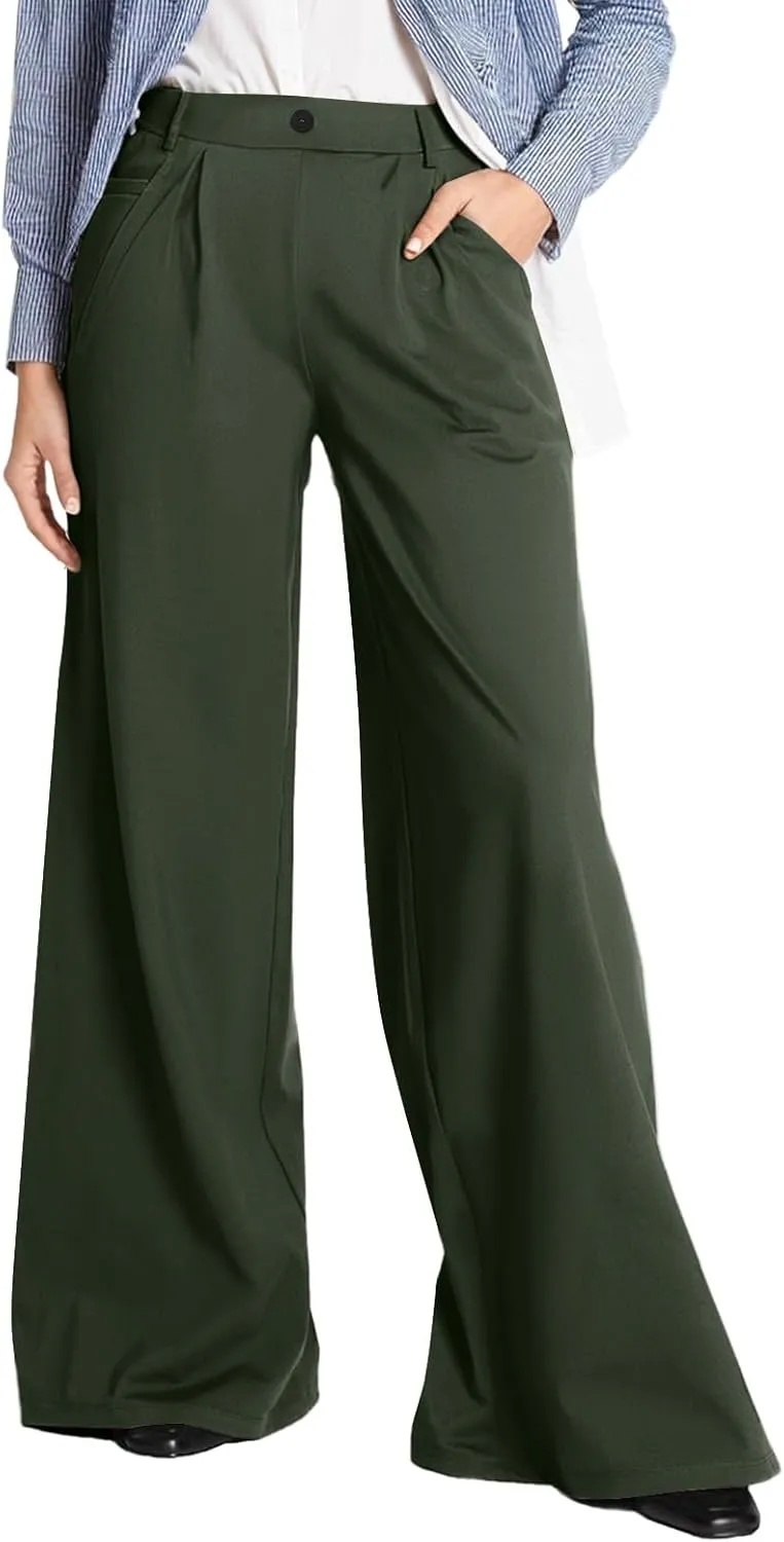 Womens Dress Pants Elastic Waist Business Casual Wide Leg Pants Flowy Stretchy Pull On Work Trousers with Pockets