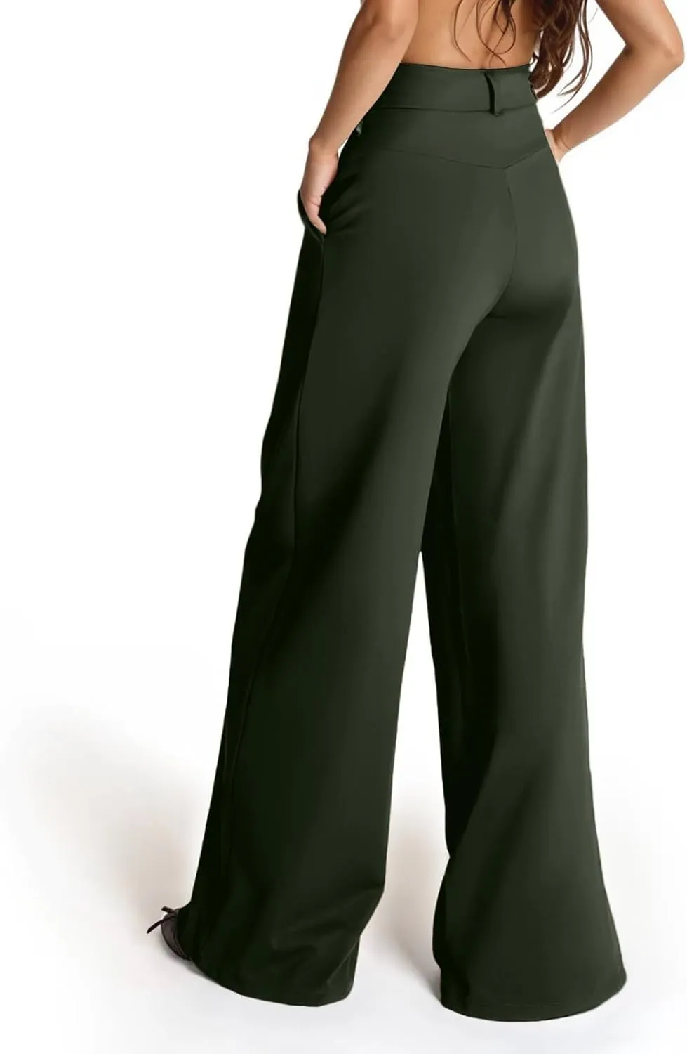 Womens Dress Pants Elastic Waist Business Casual Wide Leg Pants Flowy Stretchy Pull On Work Trousers with Pockets